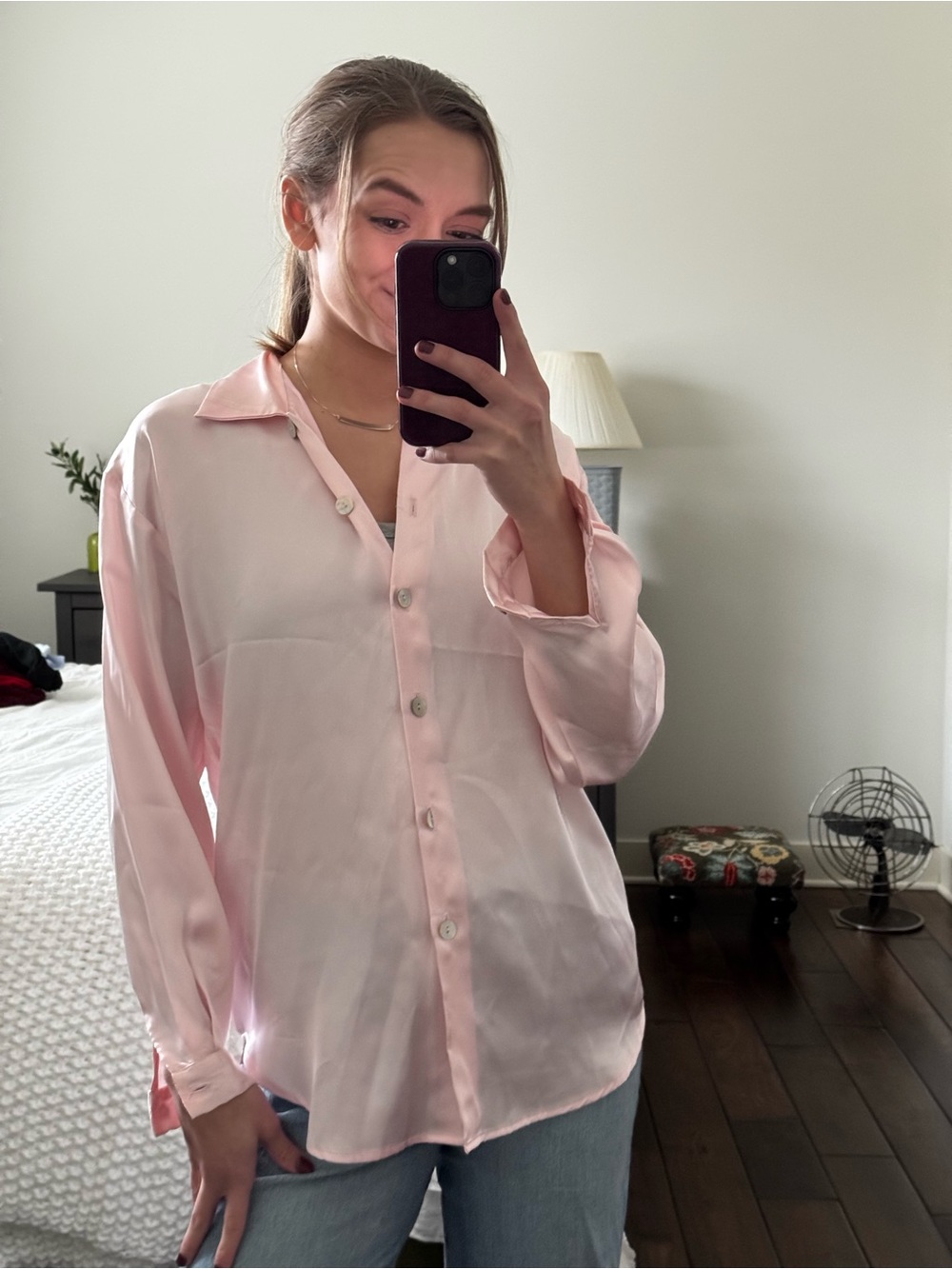 Light Pink Satin Button-Down Shirt
